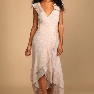 Lulus Pale Pink Jacquard High-Low Wrap Dress